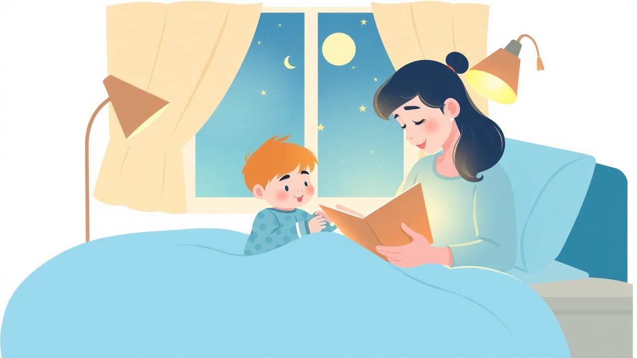 Parent reading a bedtime story to a child in pajamas under warm lamp light
