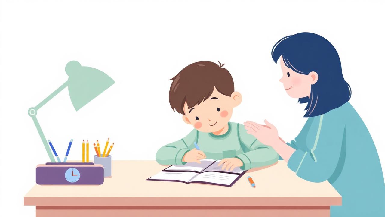 Child doing homework at a tidy desk with a focus timer while a parent coaches nearby