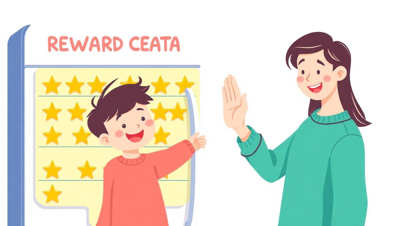 Smiling child placing a gold star on a reward chart while a parent gives a high-five