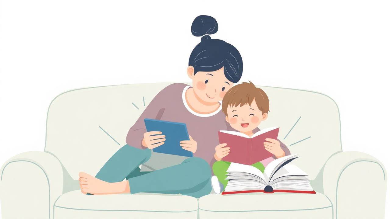 Parent and child swapping a tablet for a book on the couch